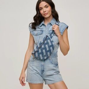 Blue Woven Denim Crossbody Satchel